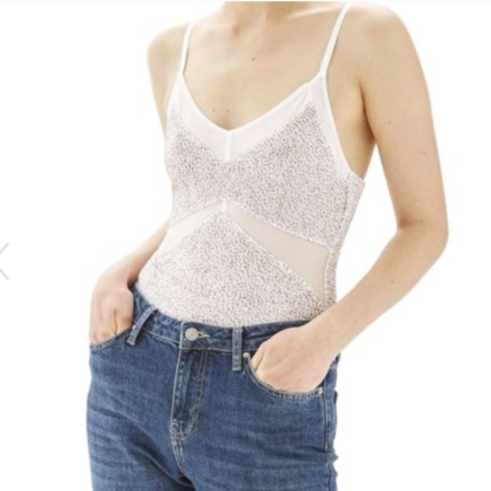 TOPSHOP sz 4 Multicolored Glitter Mesh Bodysuit Sparkly Adj Spaghetti Straps